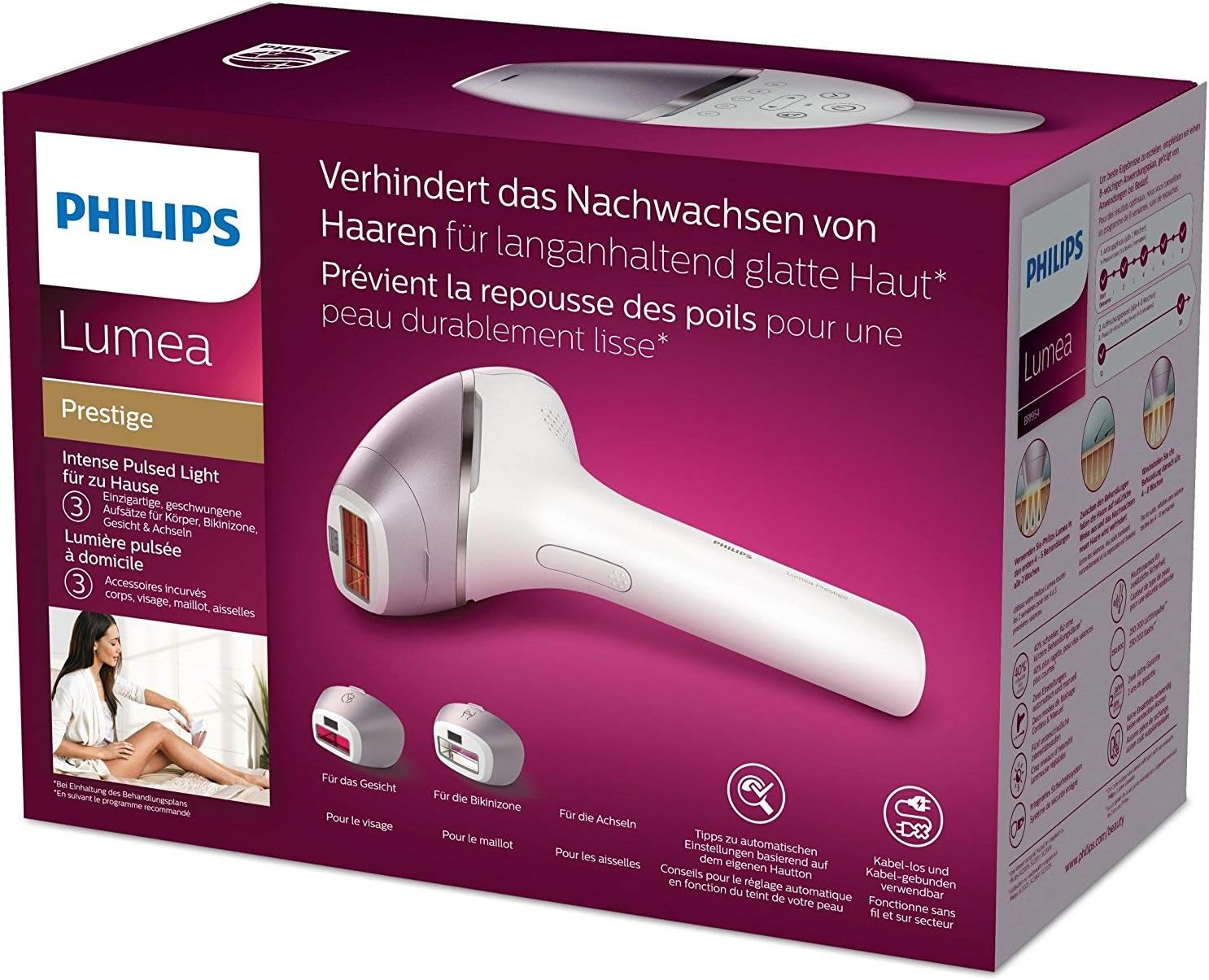 Philips Lumea Prestige IPL Cordless Hair Removal Device with 3 Attachments for Body Face & Precision Areas (Bikini and Underarms)