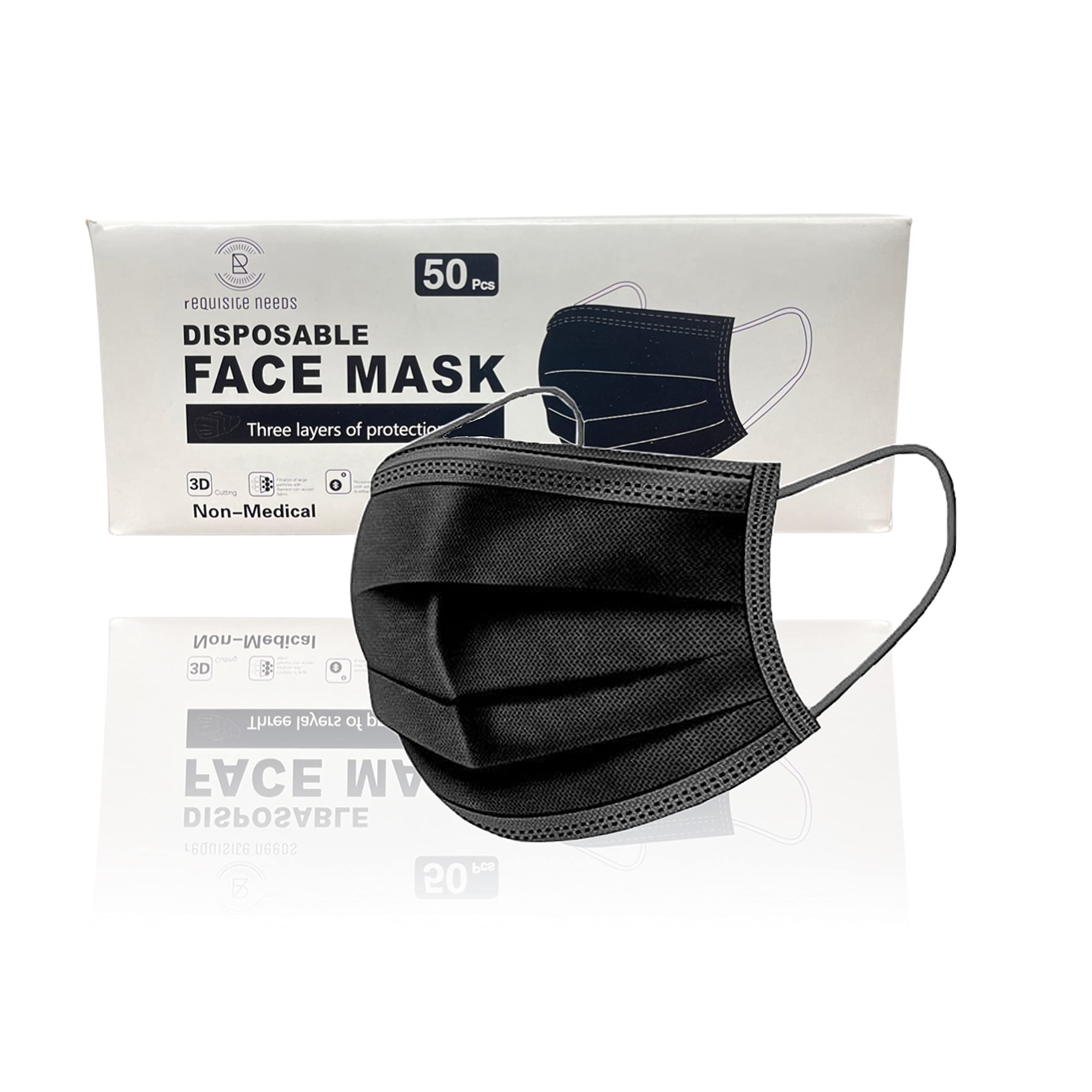 REQUISITE NEEDS FACE MASK - 3PLY - DISPOSABLE Nose & Mouth Cover with 3-Layer Material, Elastic Ear Loops & Comfortable Universal Design for Adults & Kids (Pack Of 50, Black)