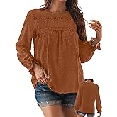 Falechay Womens Boho Tops Long Sleeve Shirts For Women Cute Crewneck Blouse Dressy Casual Swiss Dot Crochet Hollow Top 2026
