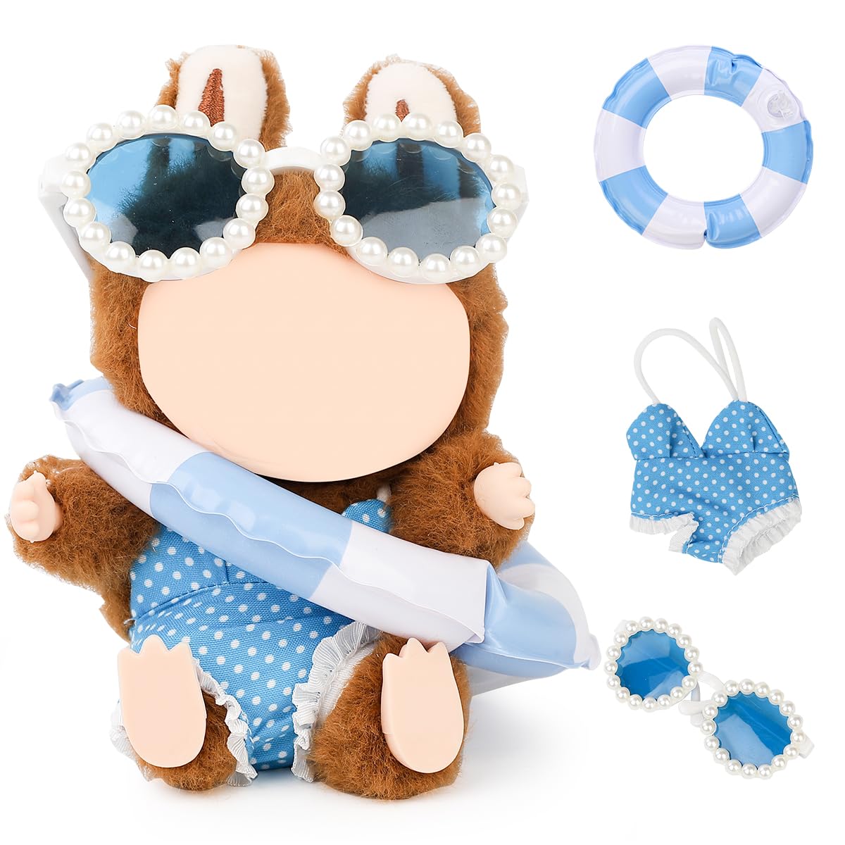 LEWOTE Clothes Set Compatible for Labubu Doll, Hat Suit Ornaments Accessories Set for 17cm/6.7inch Doll (Blue Swimsuit/Swim Ring/Glasses) — image 1