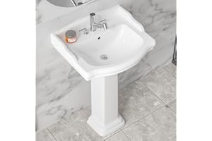 HOMLYLINK Pedestal Sink White 3 Hole, 23"x19" Inch Large Bathroom Pedestal Sink Combo,Rectangular with Backsplash, 1 Overflow Hole, 3 Faucet Hole, @ 4 Inch Pure White Porcelain, for Bathroom