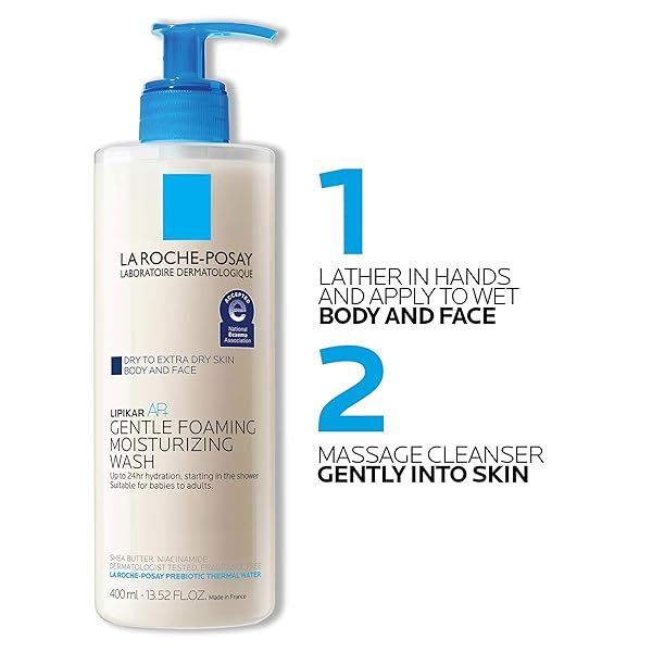 LA ROCHE-POSAY LIPIKAR AP+ GENTLE FOAMING MOISTURIZING WASH, SHEA BUTTER + NIACINAMIDE + GLYCERIN, MOISTURIZING BODY WASH FOR DRY SKIN, NATIONAL ECZEMA ASSOCIATION ACCEPTED, SOAP FREE