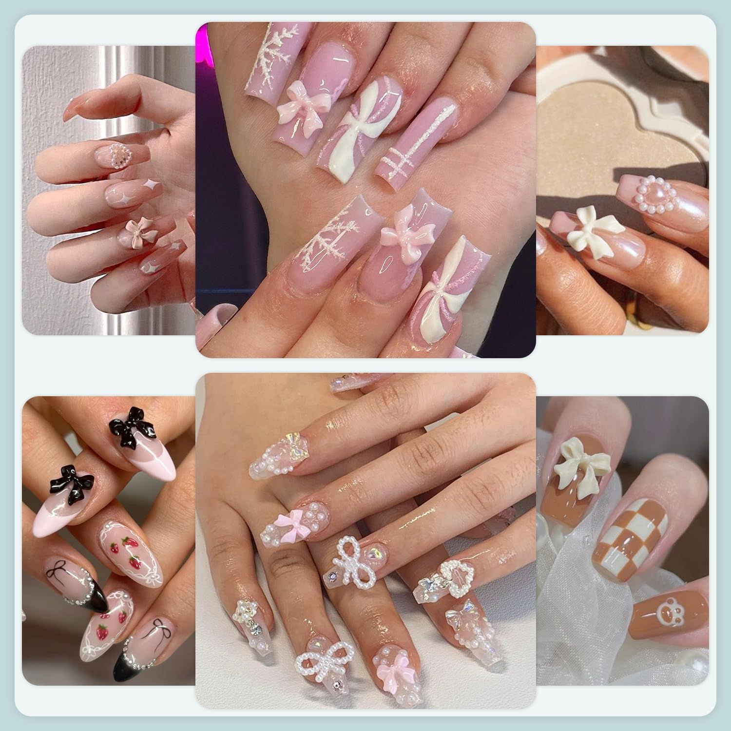 600 Pcs 3D Nail Charms and Flatback Pearls Set 1, 8 Colors Nail Bows Charm + Pink&White Star Heart Moon Cute Nail Jewels + 2-4mm White Nail Pearls for Nail Art DIY Decoration with Pickup Tools - Image 4