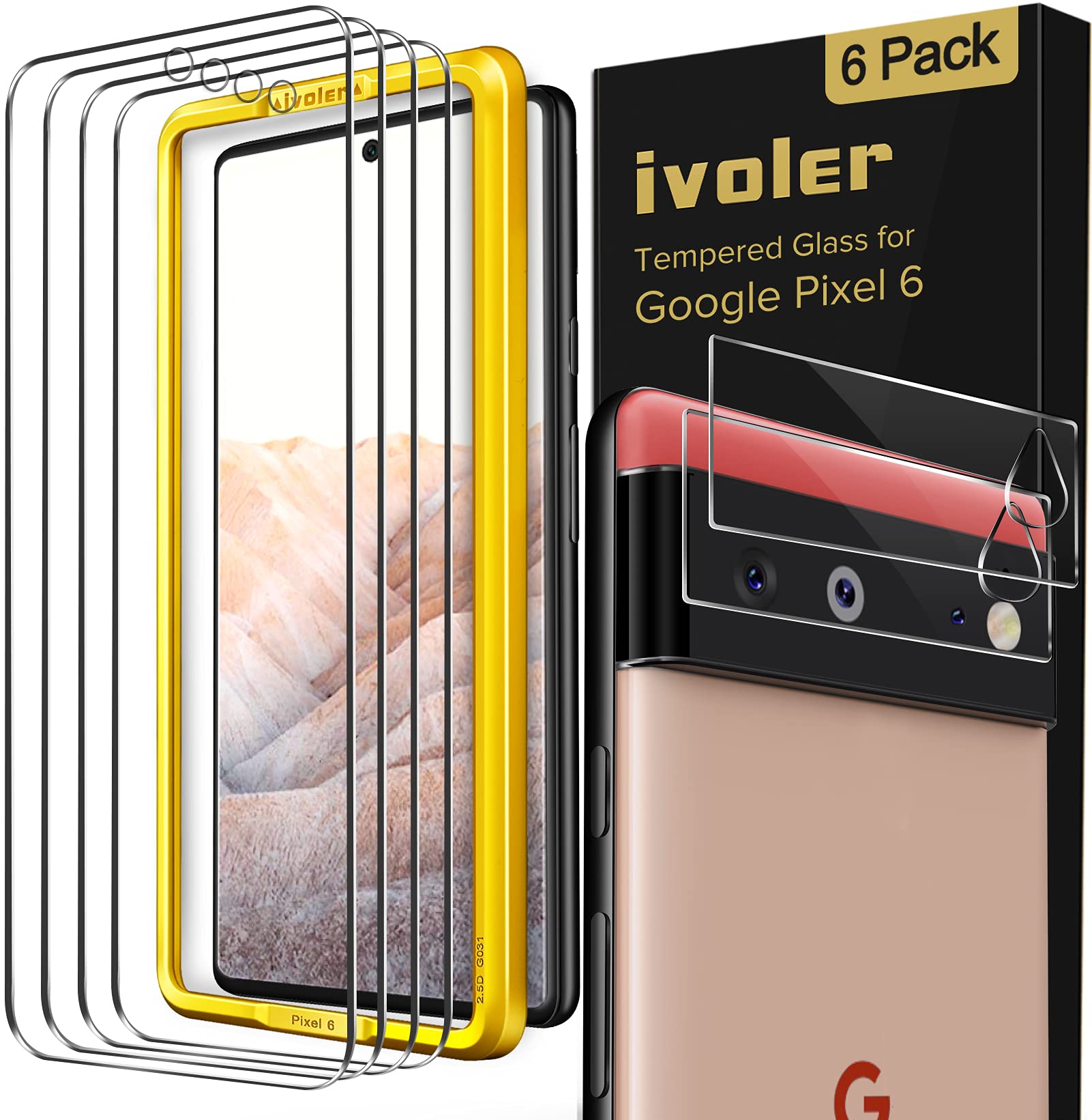 Photo 1 of ivoler [4+2 Pack Screen Protector for Google Pixel 6 [4 Pack] with Camera Lens Protector Tempered Glass [2 Pack] [Fingerprint Unlock Compatible] with Alignment Frame Easy Installation HD Clear Film