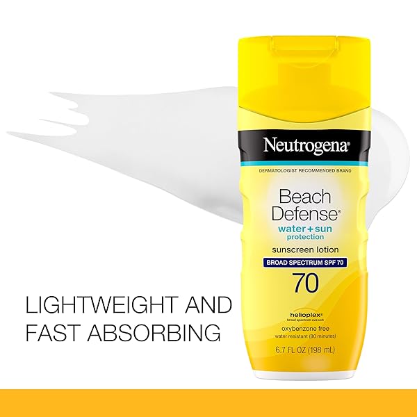 NEUTROGENA BEACH DEFENSE WATER-RESISTANT BODY SUNSCREEN LOTION WITH BROAD SPECTRUM SPF 70, OIL-FREE & PABA-FREE FAST-ABSORBING SUNSCREEN LOTION, UVA/UVB PROTECTION, OXYBENZONE-FREE, 6.7 OZ