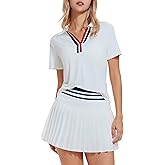 Tennis Skirt Set for Women Color Block V Neck Golf Pickleball Outfits Pleated Athletic Two Piece Skirts Sets