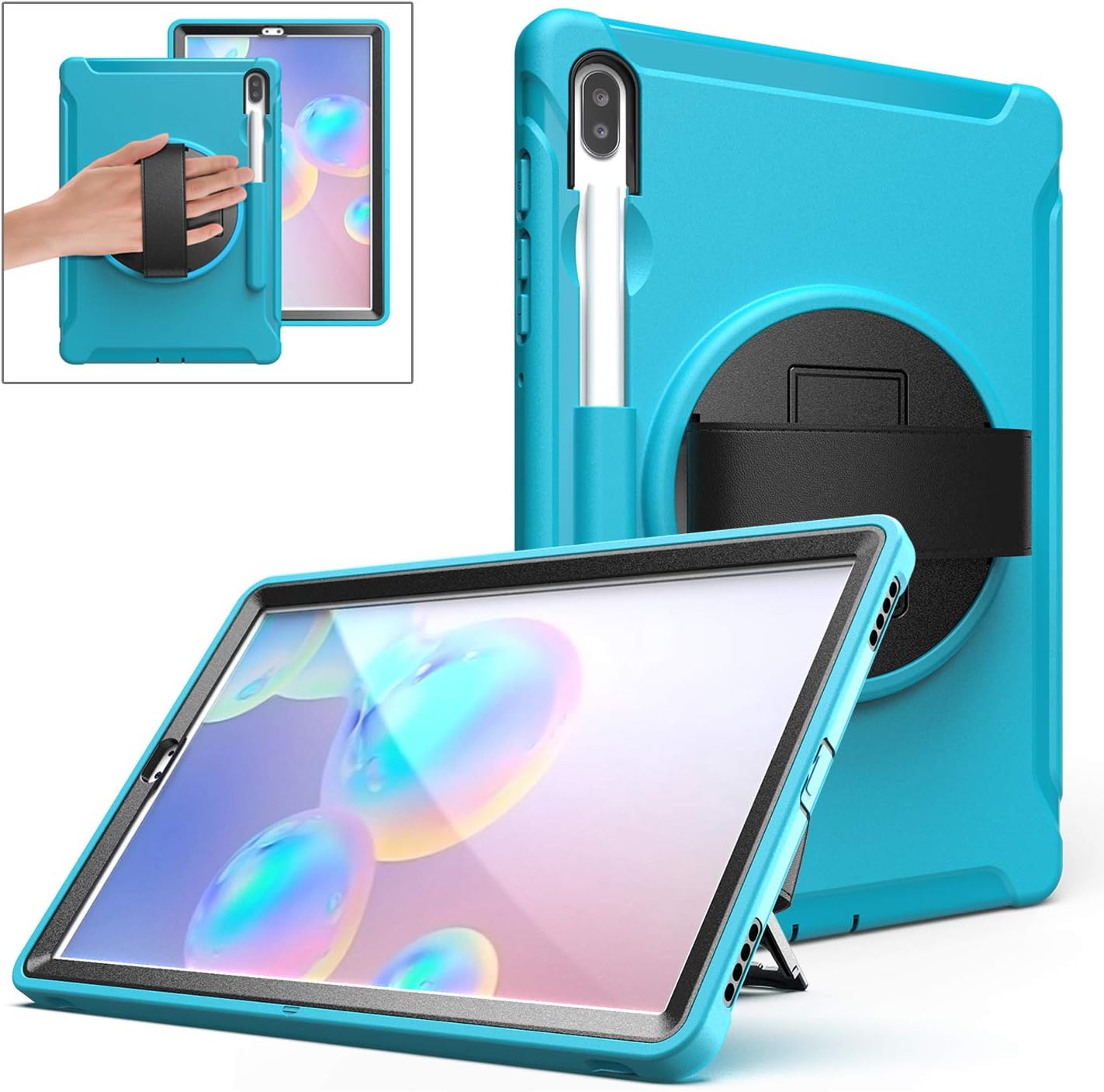 TianTa Galaxy Tab S6 10.5" 2019 Case, SM-T860/T865/T867 Case, [Screen Protector] [Pencil Holder] Heavy Duty Shockproof Protective Child Proof Case Cover with 360 Rotatable Stand Hand Strap, LightBlue