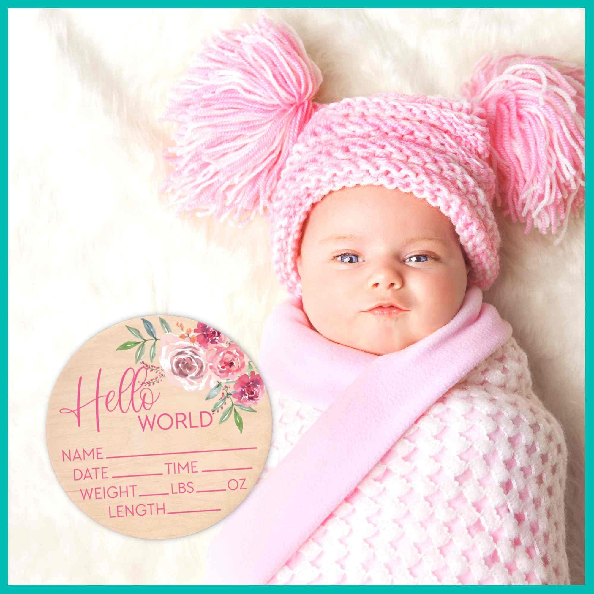 Hello World Sign for Newborn Baby Birth Stat Sign Floral Baby Sign for Hospital Baby Name Sign Pregnancy Announcement Photo Prop Crib & Nursery Decor Gift for New Mom Baby Shower Yippee Daisy