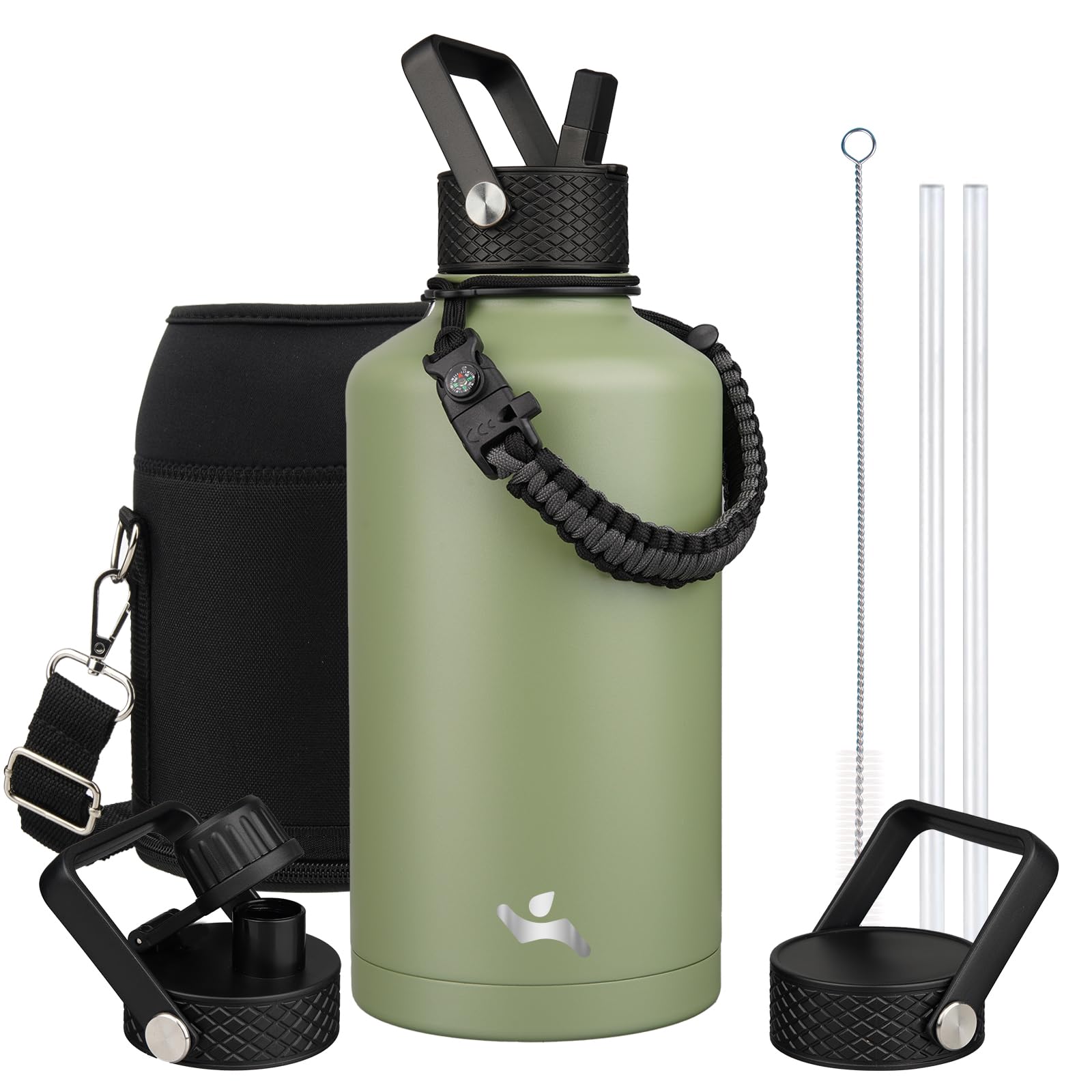 Konokyo Insulated Water Bottle with Straw,87 oz 3 Lids Water Jug with Carrying Bag,Paracord Handle,Double Wall Vacuum Stainless Steel Metal Flask,Camp Green Image