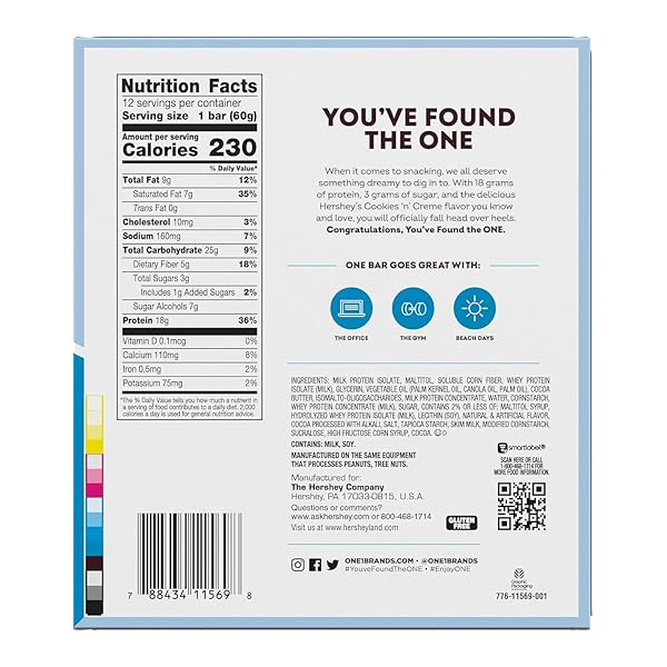 ONE PROTEIN BARS, HERSHEY’S COOKIES ‘N’ CREME, GLUTEN FREE WITH 18G PROTEIN AND 3G SUGAR, PANTRY STAPLES, 2.12 OZ (12 COUNT)