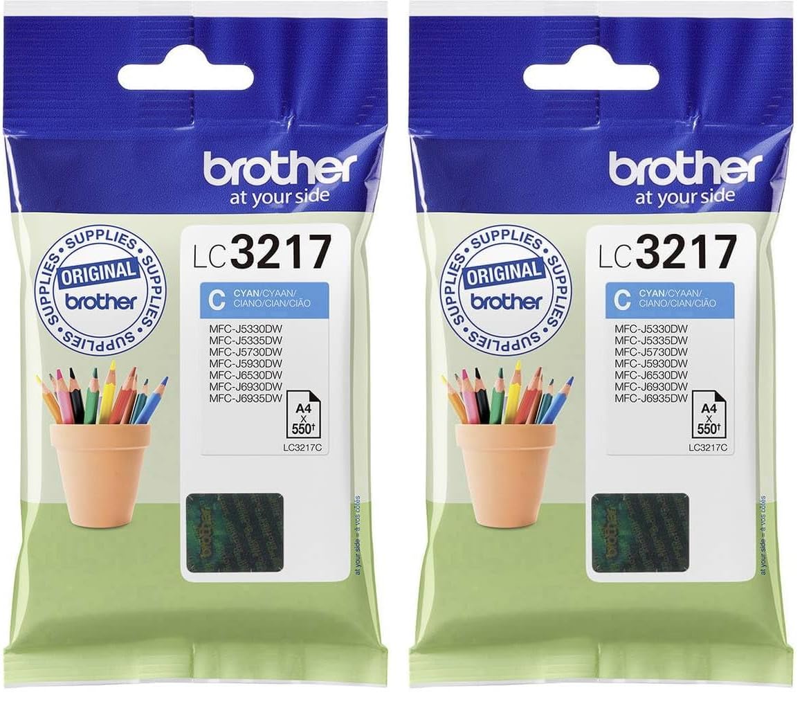 BROTHER LC-3217C Inkjet Cartridge, Cyan, Single Pack, Standard Yield, Includes 1 x Inkjet Cartridge, Genuine Supplies (Pack of 2)