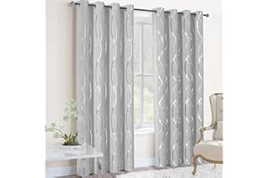 BUHUA Blackout Curtains 72 inch Length 2 Panels Set - Energy Efficient and Noise Reducing Curtains for Bedroom with Wave Striped Foil Print (52 x 72, Silver Grey)
