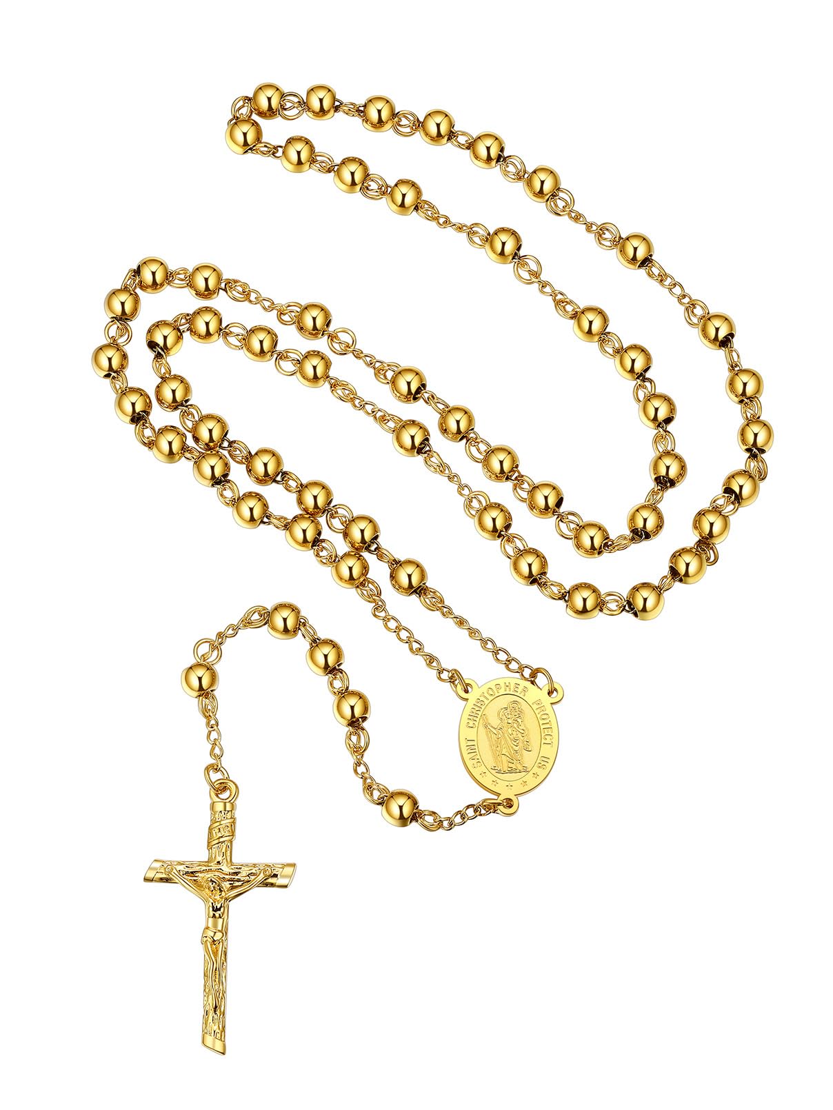 FaithHeart Gold Rosary Beads Jewelry Saint Christopher Pendant Rosaries Catholic Necklace Jesus Cross Crucifix Chain for Mother Wife