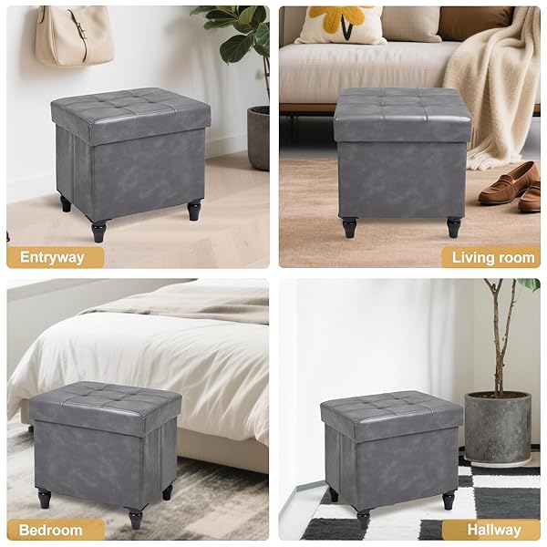 GLAXYFUR STORAGE OTTOMAN BENCH, 15 INCHES FOLDABLE OTTOMAN FOOT STOOL WITH LEGS, PU LEATHER FOOTREST FOR LIVING ROOM, BEDROOM, DORM (GREY)