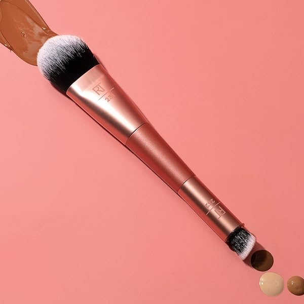 REAL TECHNIQUES COVER & CONCEAL DUAL ENDED 2-IN-1 MAKEUP BRUSH, FOR FLAWLESS FOUNDATION COVERAGE, SMOOTHS AND CONCEALS, COVERS BLEMISHES AND IMPERFECTIONS, FLAWLESS RESULTS, ORANGE, 1 COUNT