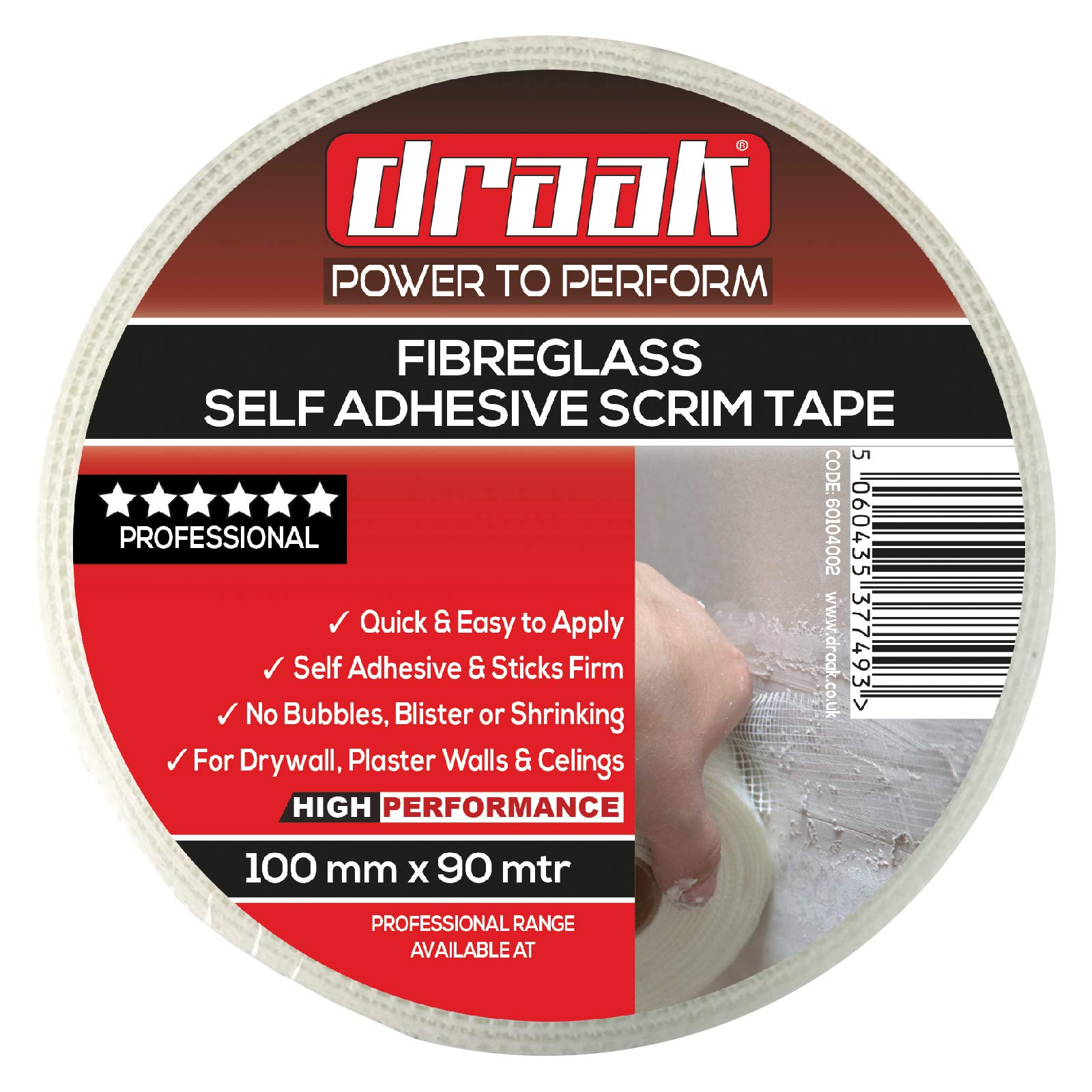 Draak Scrim Tape 100mm x 90mtr Long Plasterboard Mesh Joint Scrim Drywall Fibre Glass Self Adhesive, Wall Hole Or Crack Repair (100mm)