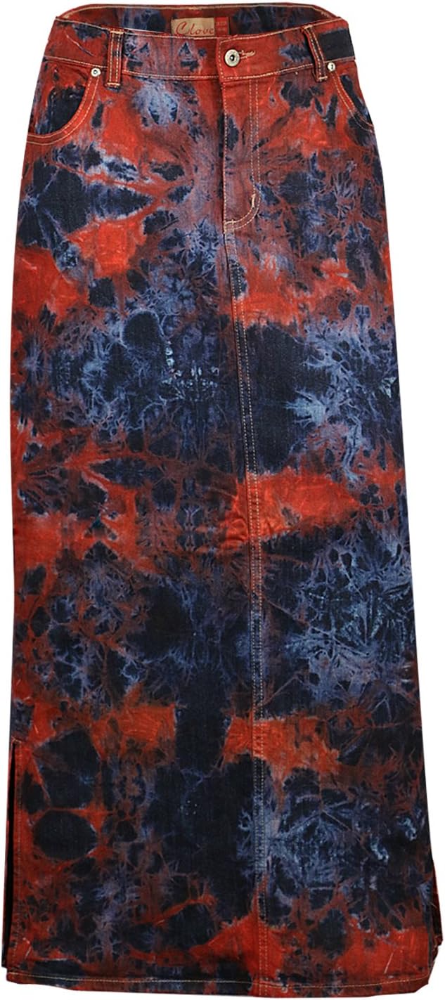 Clove Long Red and Black Tie Dye Stretch Denim Pencil Skirt Plus Size 12 14 16 18 20 22 24