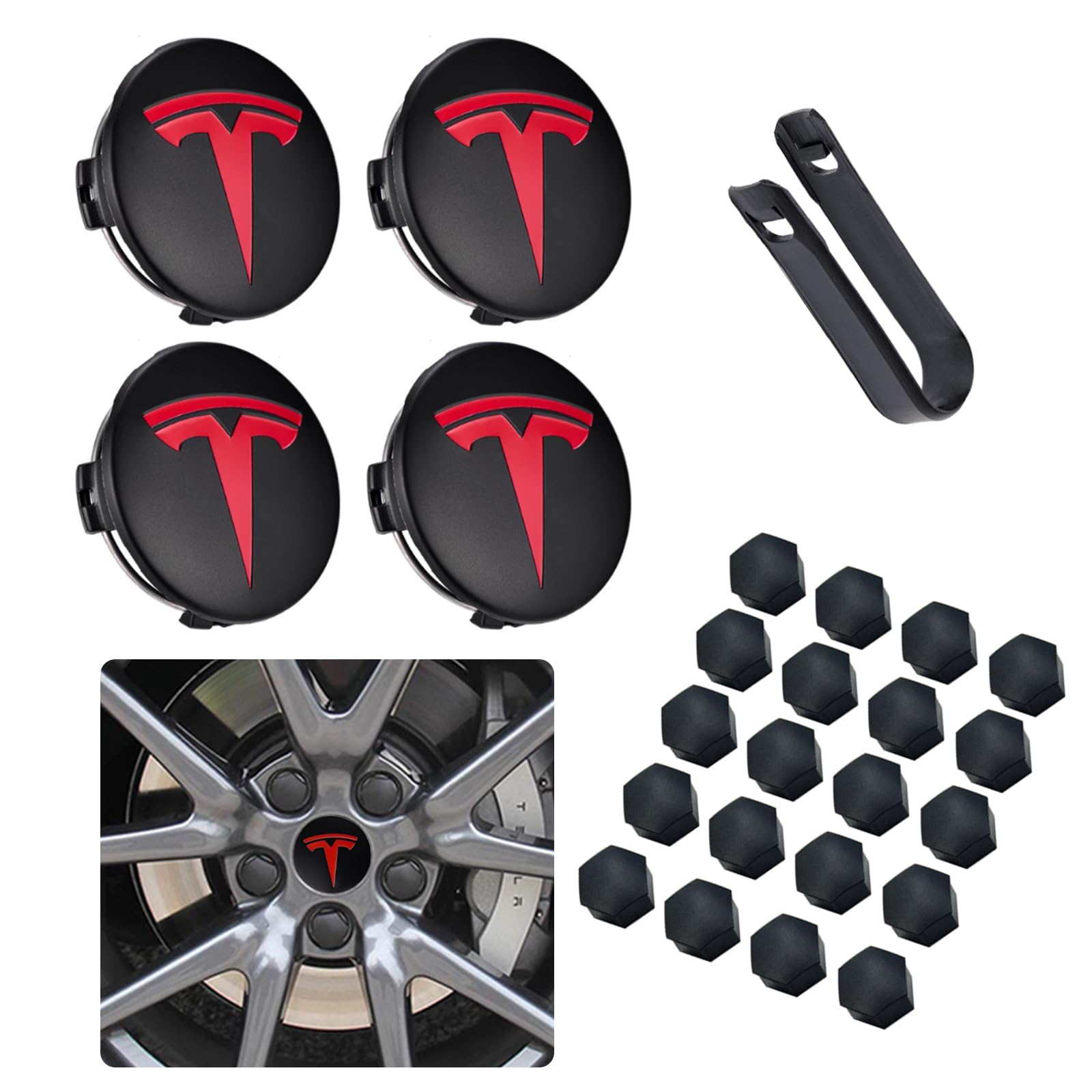 Photo 1 of 4 PCS Car Wheel Center Hub Cap Kit with Logo Hubcaps Accessories for TES la Model 3 Model Y 4 Black & Sliver Hub Center Caps + 22 Black Lug Nut Covers, Matt Black & Red