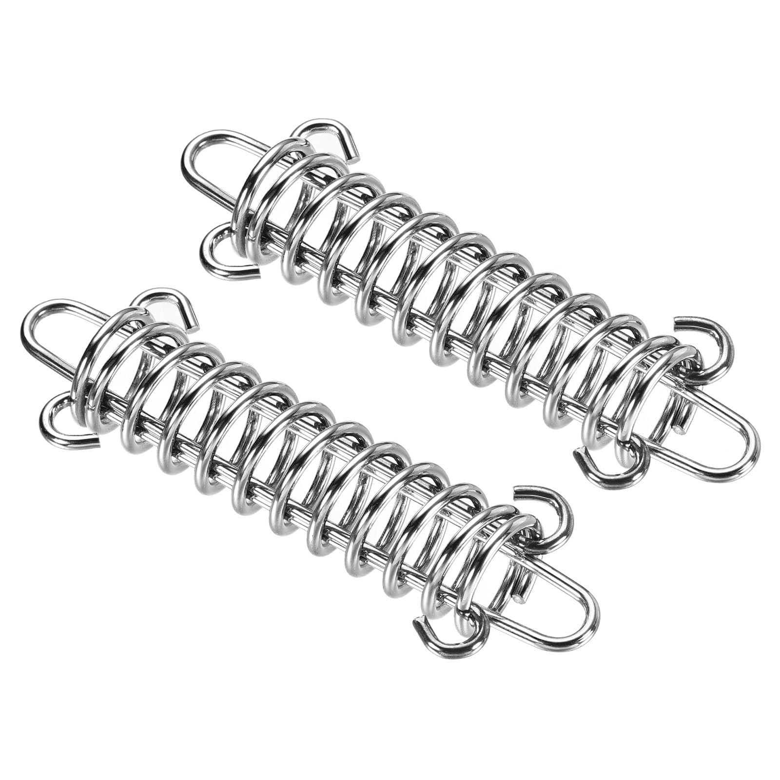 M METERXITY 2 Pack Tent Spring Buckle - Windproof Stainless Steel Rope Tensioner Awning Spring Hook, Apply to Camping Hiking (90x30mm, Silver Tone)