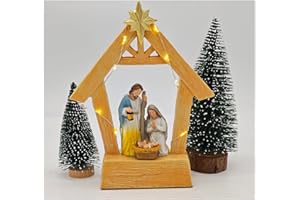 MeritMode Glowing Nativity Set with LED Lights - Holy Family Resin Figurines (Mary, Joseph, Jesus) in Stable, Christmas Manger Scene for Home, Church & Gifting, Ready-to-Display Holiday Decor