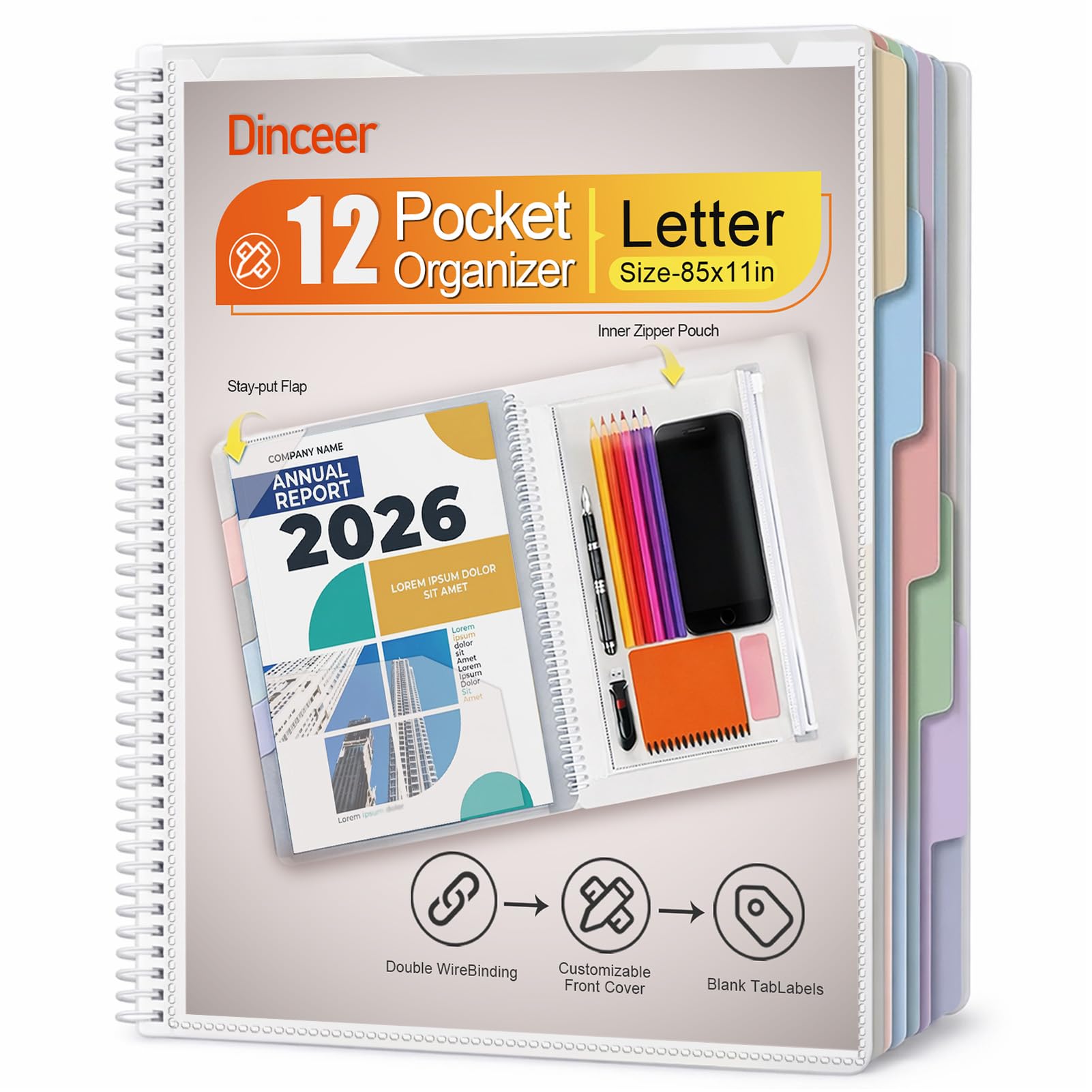 Photo 1 of 12 Pocket Project Organizer Folder by Dinceer, Letter Size Expandable File Organizer with 6 Color Dividers, Quick View Clear Cover Pocket, Inner Zipper Pouch, Heavy Duty Plastic