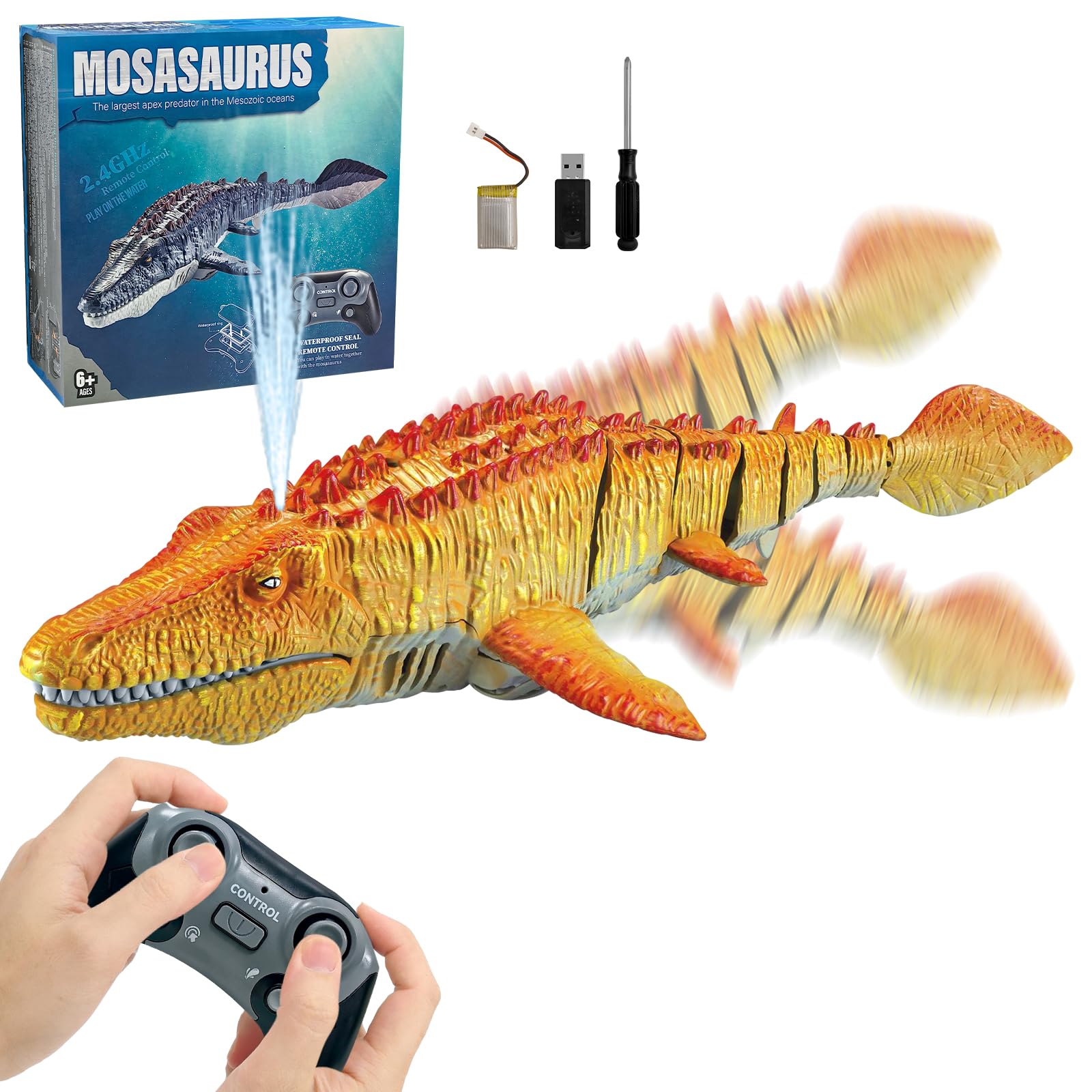 ALEENFOON 2.4GHz Mosasaurus Remote Control Boats with Spray Water,Dual Propellers Mosasaurus Toy RC Boat for Swimming Pool,Lake, Bathroom Remote Control Dinosaur Toys for Kids & Adult