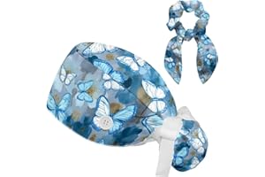FVQL Scrub Cap, Surgical Caps for Women, Floral Pattern Butterfly, Bouffant Nurse Cap Ponytail