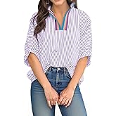 Tankaneo Womens V Neck Striped Blouse Oversized Dolman Sleeve Tops Summer Casual Loose Fit Polo Shirts