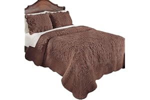 Collections Etc Elegant Ultra-Soft Faux Fur Plush Quilt Bedding with Scalloped Edges and Scroll and Lattice Patterns, Chocolate, King
