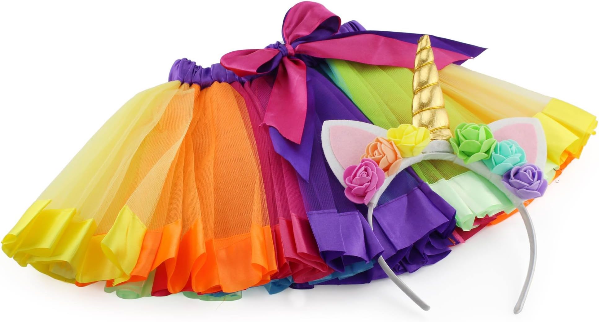 Girls Rainbow Ribbon Tutu Skirt for Dress Up, Ballet, or Costume Photos with Unicorn Flower Headband for Little Pony Fun