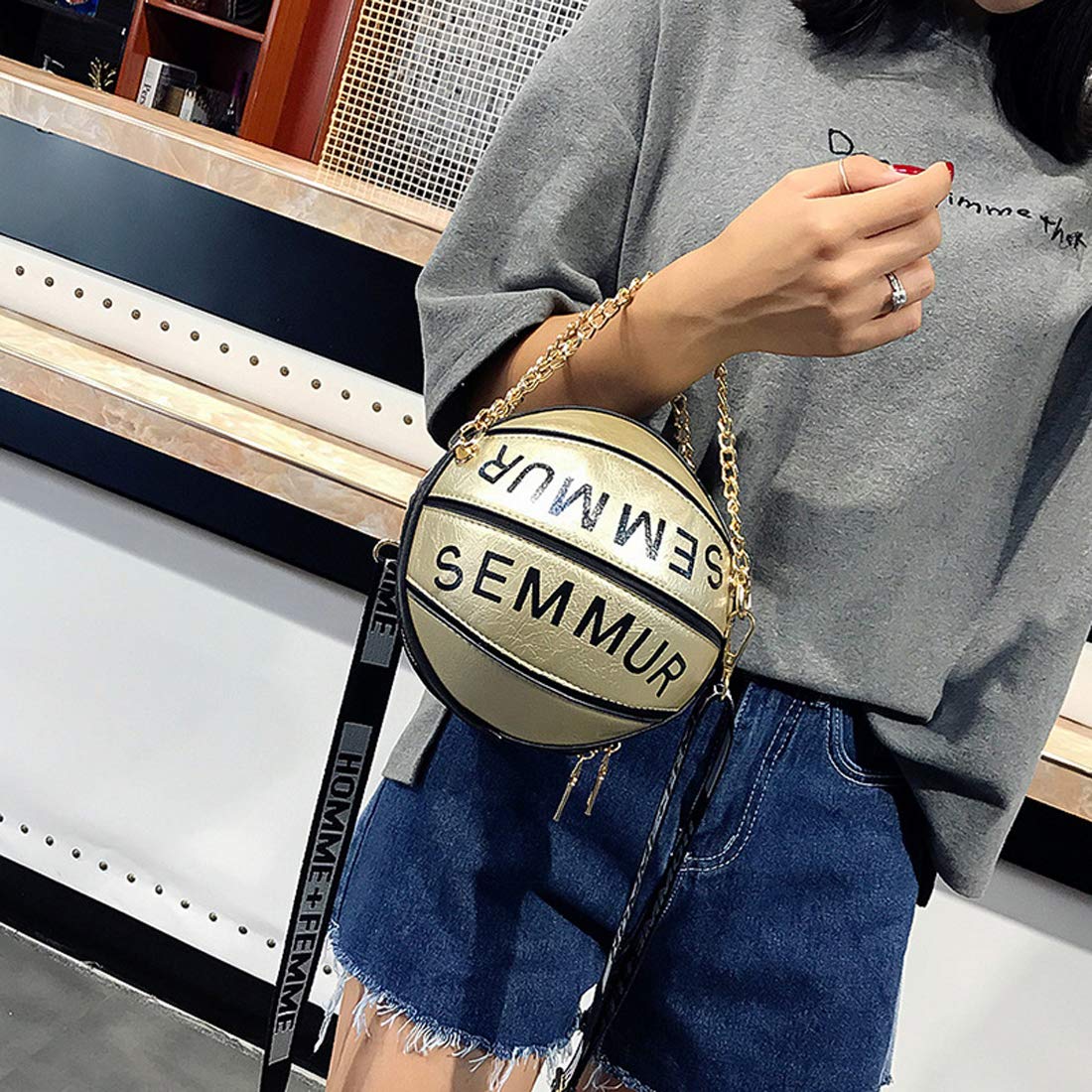 Basketball Shaped Shoulder Messenger Purse Bag Mini Tote Cross Body PU Handbag Adjustable Strap For Women Girls Men (Gold)