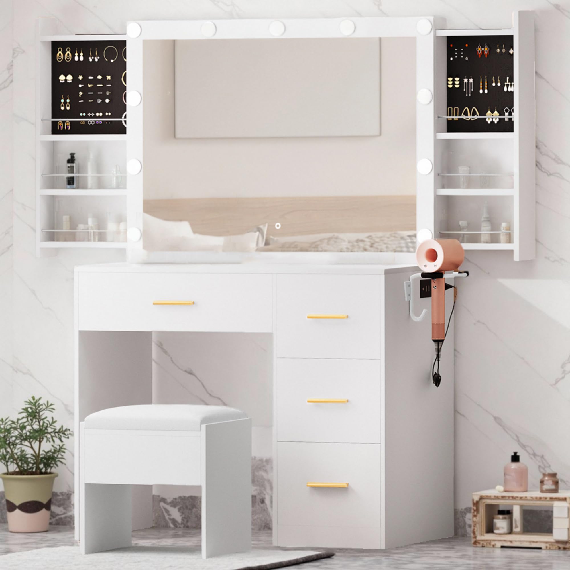 Photo 1 of **FOR PARTS/MISSING PIECES** YITAHOME Lighted Makeup Vanity Set with Stool, 4 Spacious Drawers, Hidden Jewelry Storage