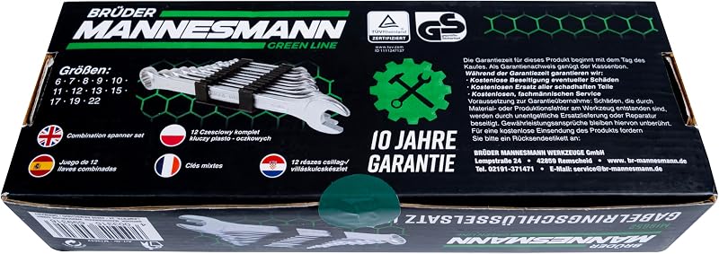 Brüder Mannesmann Gabelringschlüssel Set, 12-teilig - Gabelschlüsselsatz nach DIN 3113 - verchromter Satz Ring-Maulschlüssel mit polierten Köpfen, aus Chrom-Vanadium-Stahl - 6 bis 22 mm | M19652