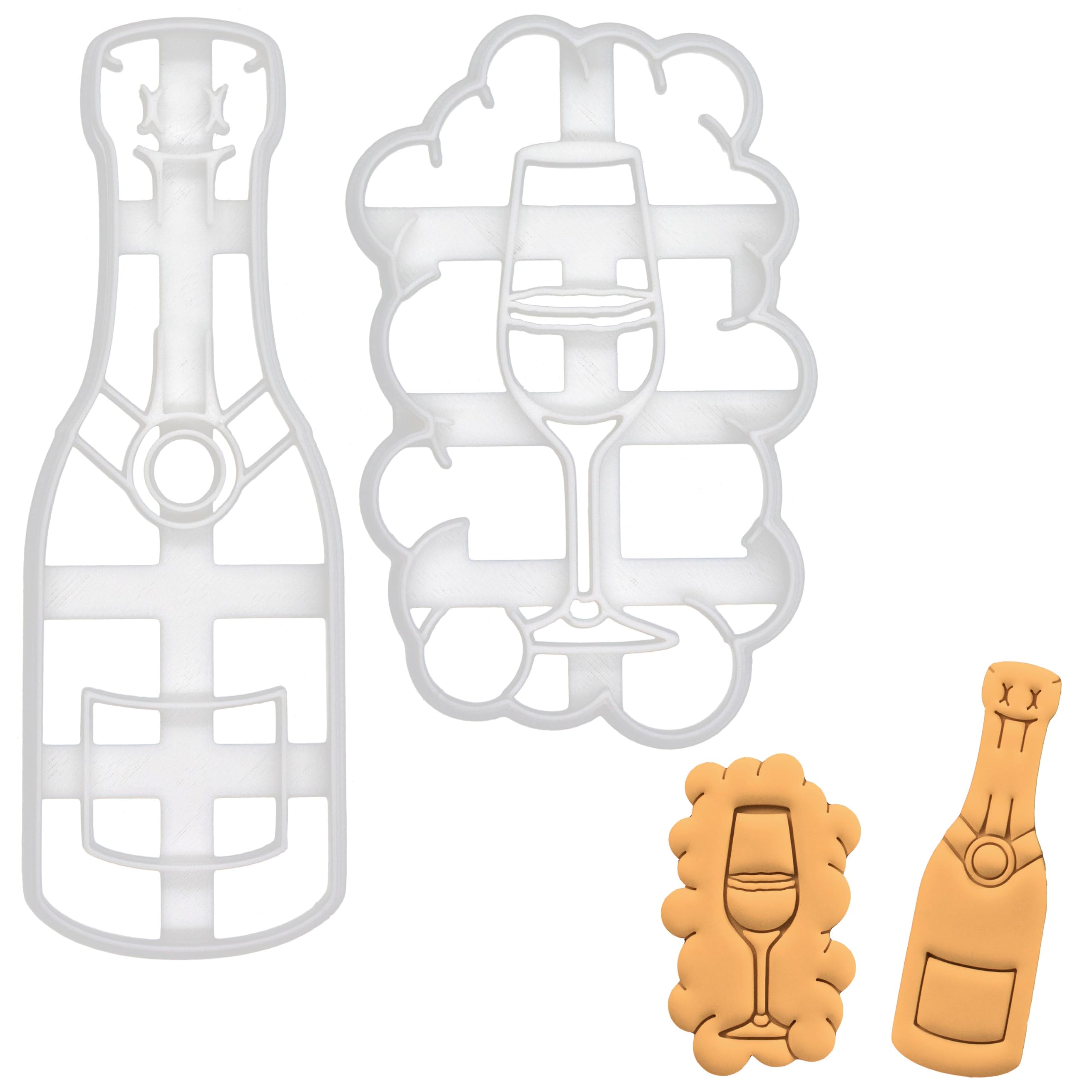 BAKERLOGY Set of 2 Champagne Bottle and Champagne Glass Cookie Cutters - Detailed Biscuit Cutter Design for Baking and Crafts, Ideal on Fondant, Dough, Clay