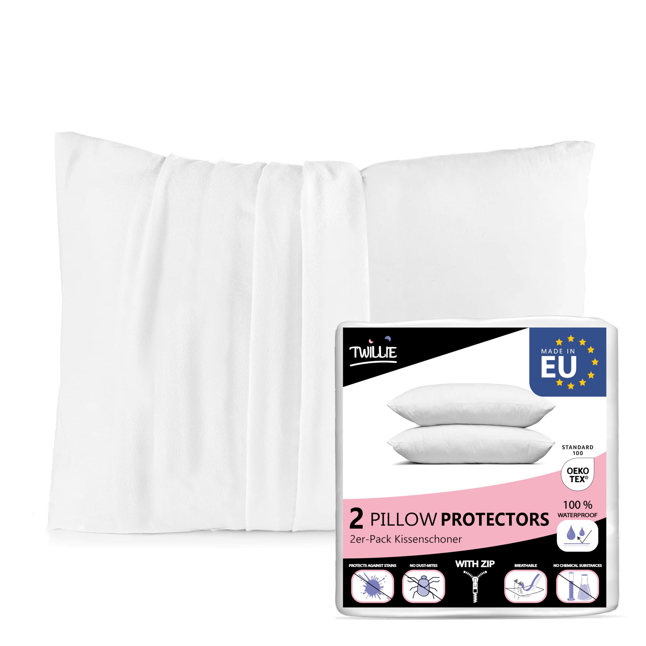 Twillie Set of 2 Waterproof Pillow Protectors 40 x 80 cm - Oeko Tex® Certified - Anti-Mite - Made in Europe - Pillow Cover 100% Jersey Micro Breathable - Ultra Thin, Ultra Soft – Zipper