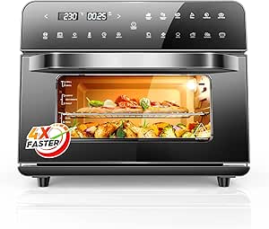 25L DE GRAN CAPACIDAD: Nuestro Horno Sobremesa de Convección es 5 veces más grande que la mayoría de las freidoras de aire de 5L en el mercado, 30% -60% más grande en capacidad que otros hornos tostadores. Puede asar fácilmente un pollo grande de 5 kg, tostar 6 rebanadas de pan, cocinar papas fritas grandes de 980 g, 21 alitas de pollo u hornear una pizza de 10 pulgadas. Ideal para grandes familias, fiestas y fines comerciales,MÁXIMA VERSATILIDAD: Este horno de freidora de aire "12 en 1" es un horno de convección de encimera multifunción con funciones de freidora de aire, hornear, tostar, tostar y precalentar. Con este horno de encimera económico y eficiente, puede cocinar todo lo que se puede cocinar con una freidora de aire y un horno de convección normal, una máquina puede satisfacer todas sus necesidades de cocción, ayudarlo a ahorrar espacio y dinero,MÁS RÁPIDO, MÁS SALUDABLE: 4 veces más rápido que los hornos tostadores y las freidoras normales, que puede ahorrar el 15% de la electricidad. El horno tostador de convección de 1800 W genera una convección de aire envolvente de 360°, el ventilador ayuda a aumentar la circulación del flujo de aire un 40 % más rápido, retiene la humedad y evita que los alimentos se quemen debido a un calentamiento desigual. Que hasta un 85% menos de grasa en comparación con la fritura tradicional,CARCASE DE ACERO INOXIDABLE Y FÁCIL DE LIMPIAR: Nuestro horno de convección para freidora de aire está hecho de materiales de acero inoxidable 430 cuidadosamente seleccionados, que son más duraderos, resistentes a la oxidación, anticorrosivos y fáciles de limpiar. Todos los accesorios son aptos para lavavajillas y le ahorran tiempo,SEGURO Y FÁCIL DE USAR: la puerta de vidrio Low-E de doble capa puede aislar el calor de manera efectiva para hacer que la temperatura de la superficie baje a 80 ℃ para evitar quemaduras. La puerta de vidrio visual y la luz incorporada le permiten realizar un seguimiento completo del progreso de la cocción sin problemas. El diseño del sensor de la puerta garantiza un uso seguro de que la cocción se detendrá cuando se abra la puerta y se reanudará cuando se cierre