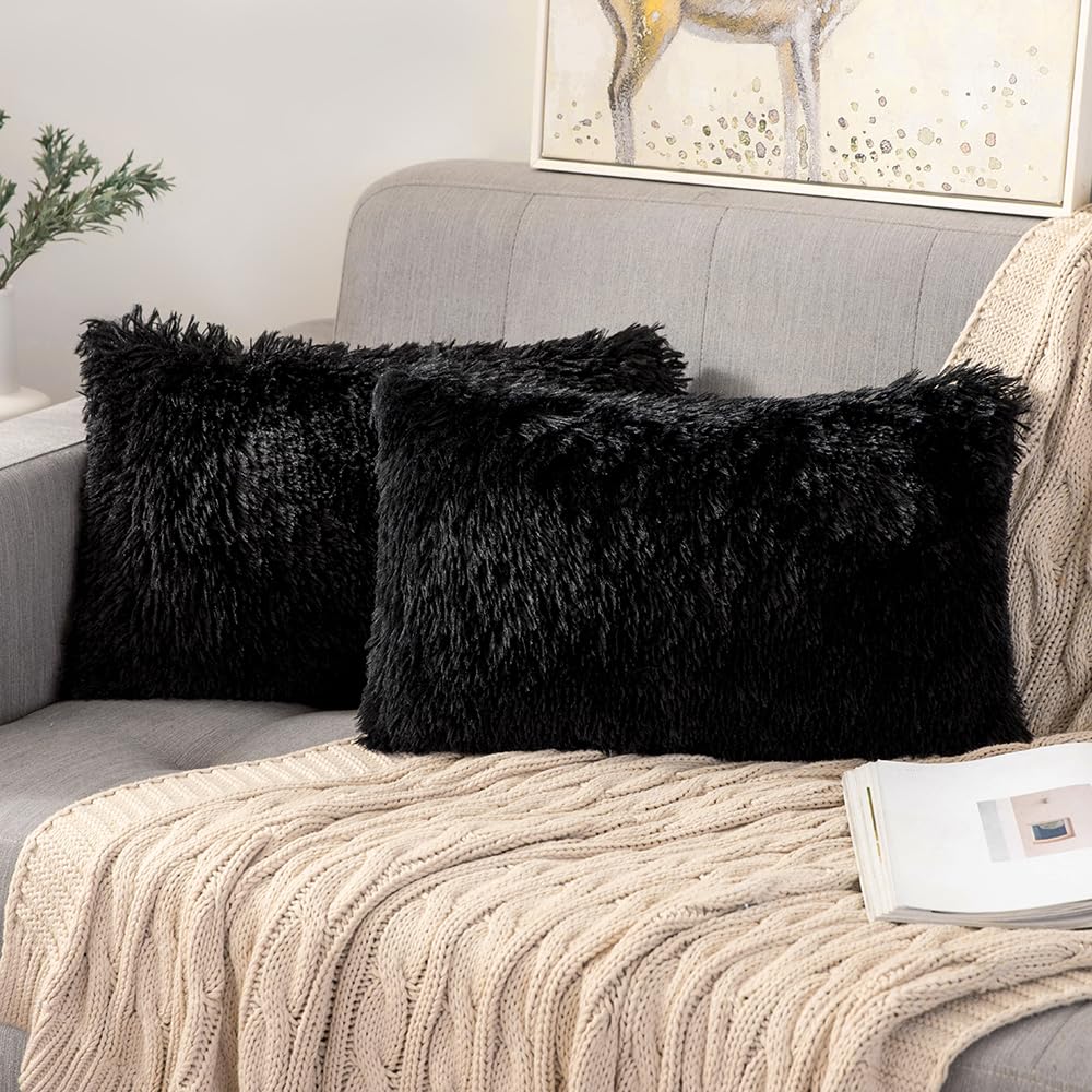 Photo 1 of ANRODUO Pack of 2 Black Throw Pillow Covers Luxury Fluffy Pillows Faux Fur Decorative Pillows Plush Cushion Case Fuzzy Mongolian Merin Style for Bed Couch Sofa Living Room Spring Decor 12x20 Inch