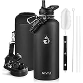 RAYMYLO Insulated Water Bottle 87 oz, Triple Wall Vacuum Stainless Steel (Cold for 48 Hrs), Leak Proof & Non-BPA, Modern Water Flask Jug with Paracord Handle & Straw Spout Lids, Magic Black