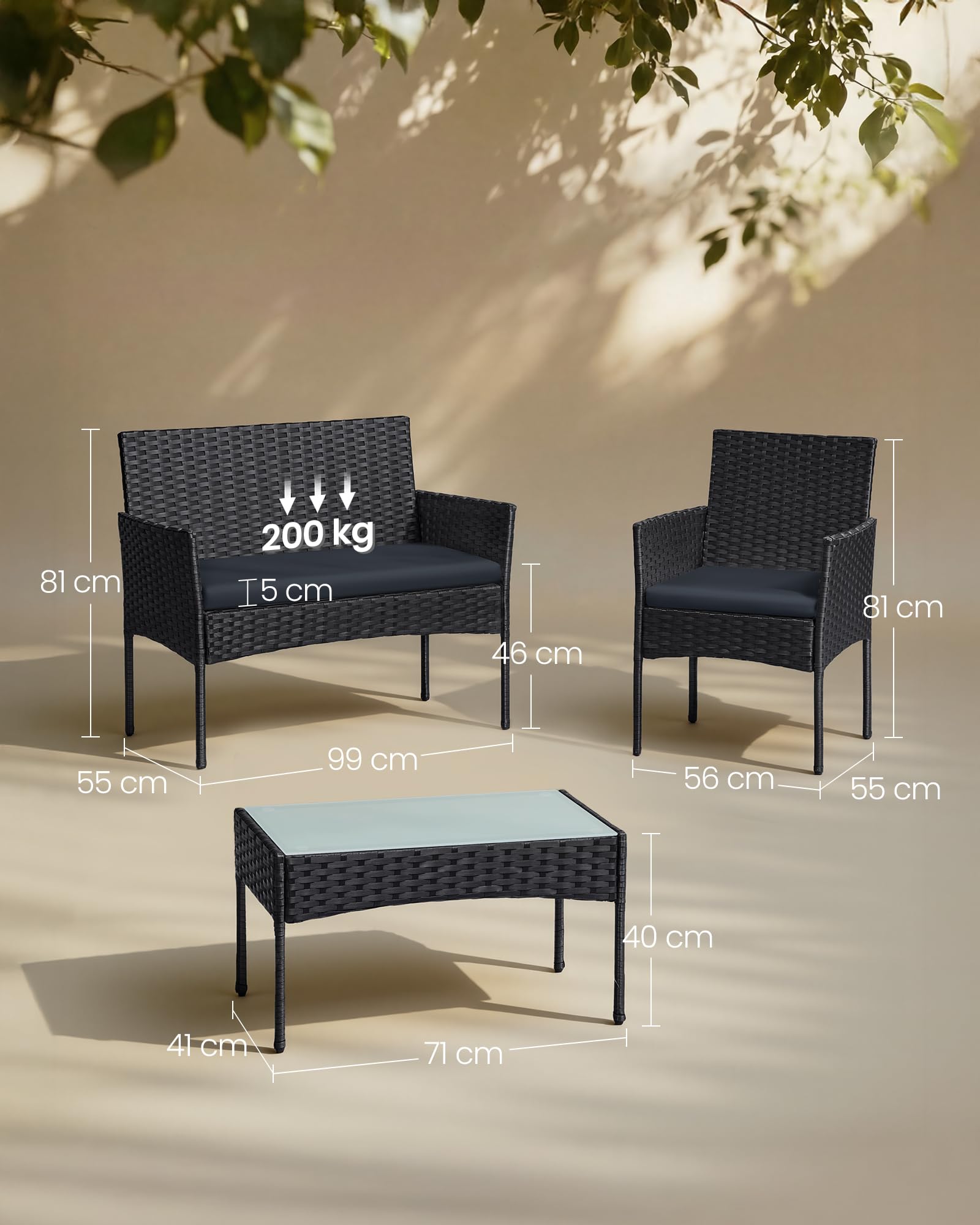 SONGMICS Gartenmöbel-Set, 4-teilig, Balkonmöbel aus PE-Polyrattan, Tisch, 2 Stühle, 2-Sitzer-Bank, Lounge-Möbel Outdoor, Terrassenmöbel, für Terrasse, Balkon, schwarz-grau GGF004B06 8