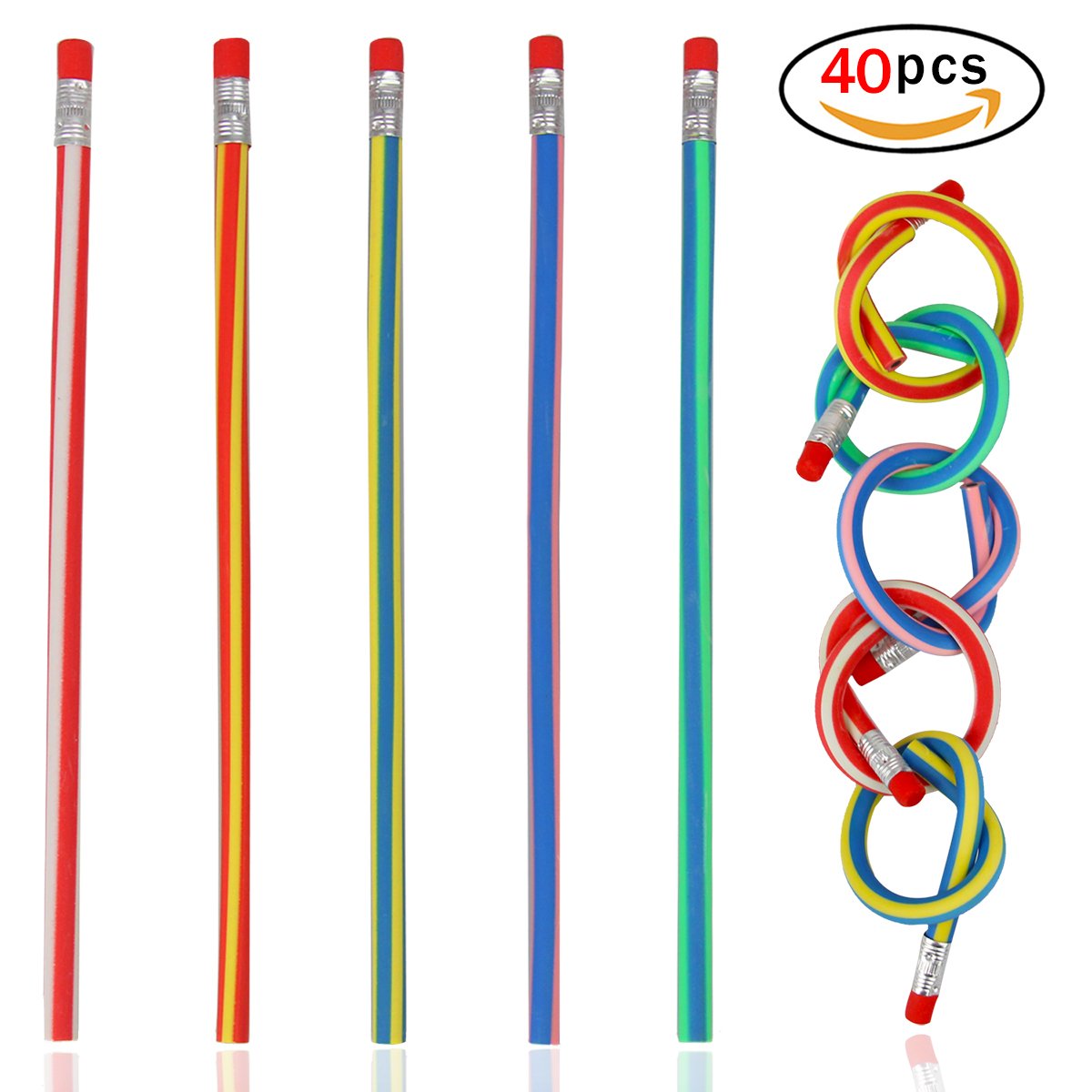 Flexible Pencils Pack of 40 Soft Pencil with Eraser for Kids Magic Colorful Bendy Pencil