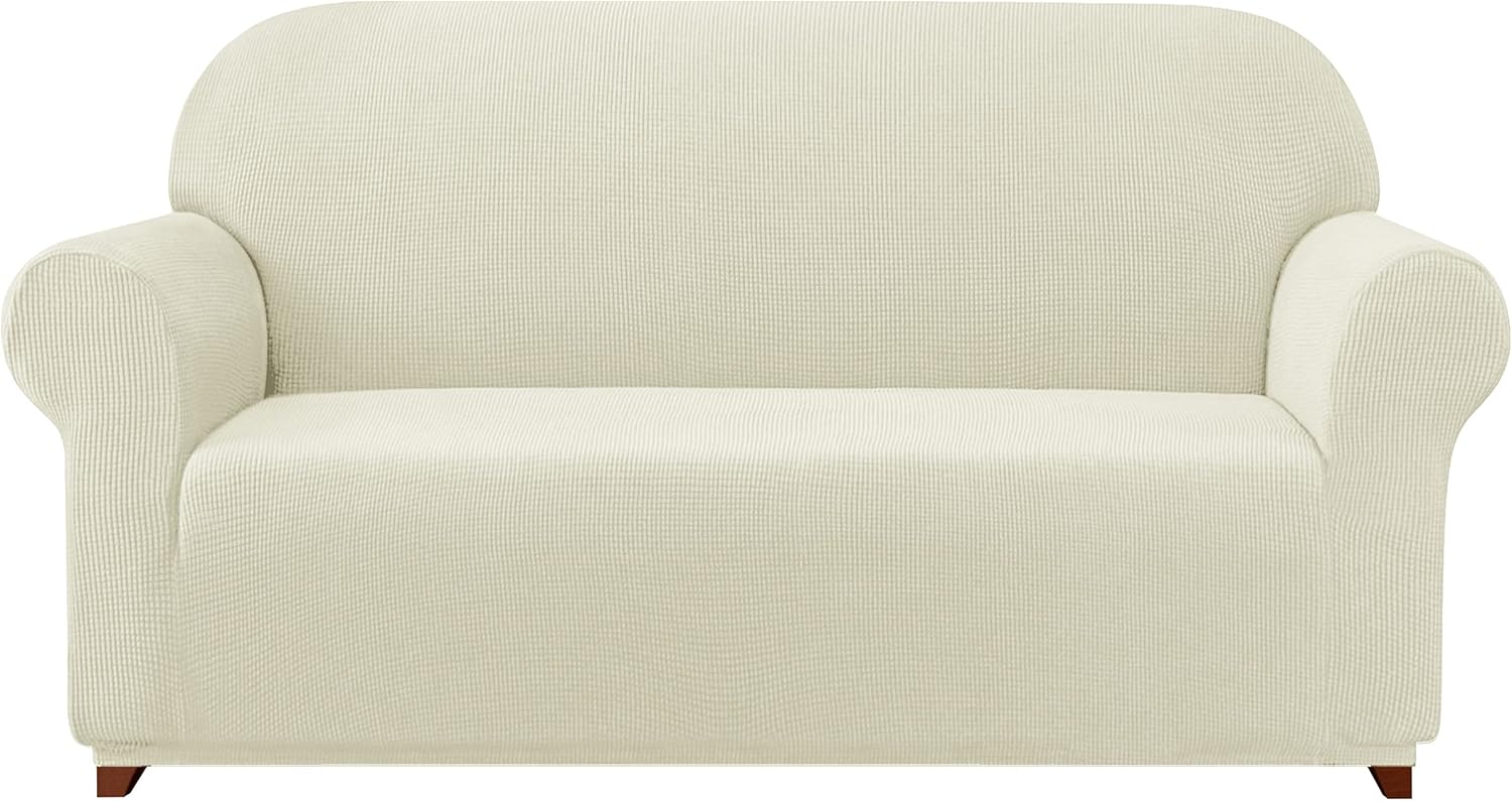 Slipcovers - subrtex Sofa Cover 1-Piece Stretch Couch Slipcover Soft Couch Cover Washable Furniture Covers, Jacquard Fabric Small Checks(Ivory,Large)