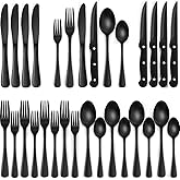 EWFEN 24-Piece Black Silverware Set with Steak Knives, Black Flatware Set for 4, Food-Grade Stainless Steel Tableware Cutlery Set, Mirror Finished Utensil Sets for Home Restaurant, Round Edge