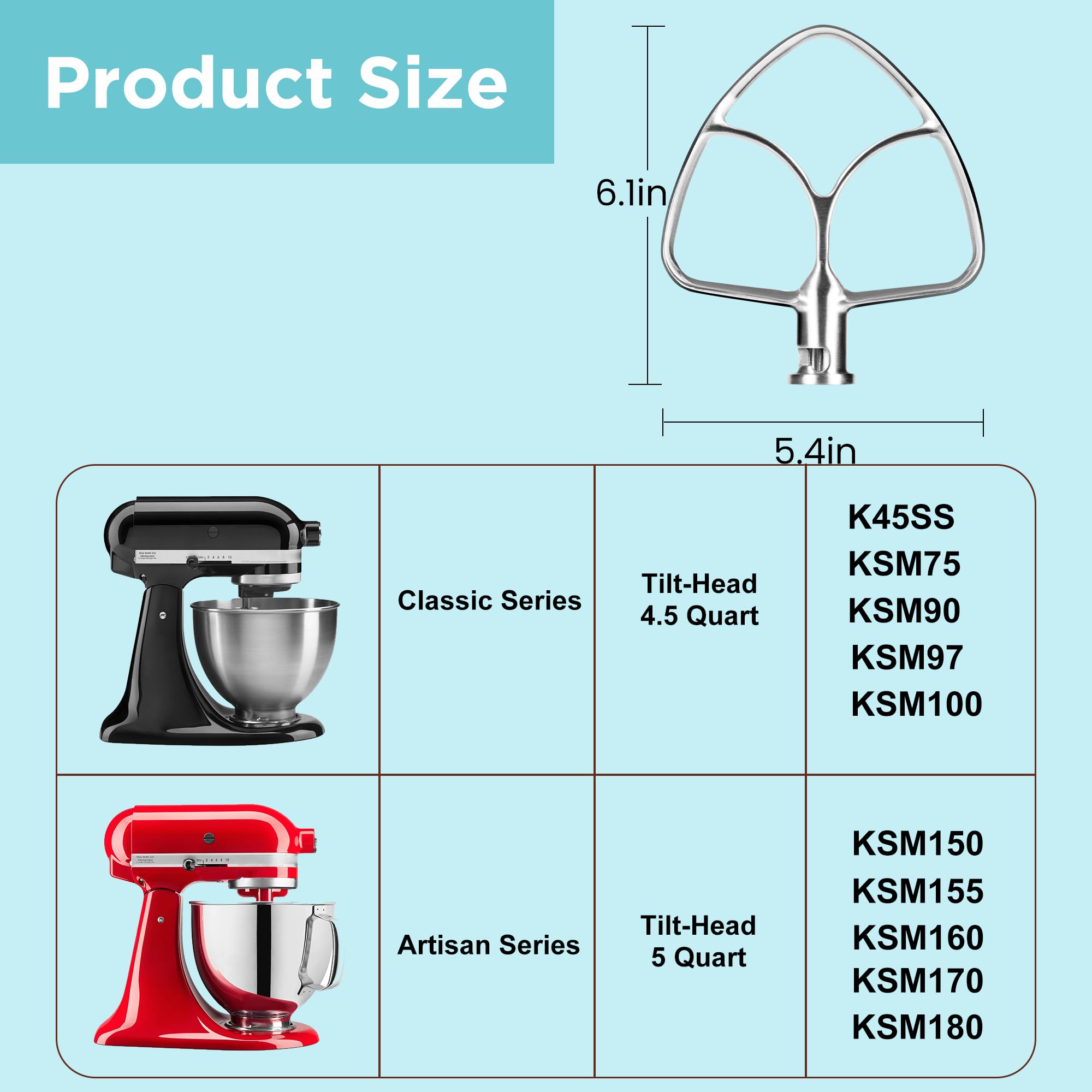 IAGREEA Stainless Steel 3 Pieces For KitchenAid Classic Attachments 4.5-5QT Tilt-Head Stand Mixers, K45WW Wire Whip/ K45DH Dough Hook /K45B Flat Beater for Mixer Accessories Replacement, Heavy Duty