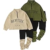 Jolyshlid Girls Pants Set 4 Pieces Letter Printed Quarter Zip Fleece Top and Jogger Sweatpant Set 3-12Y