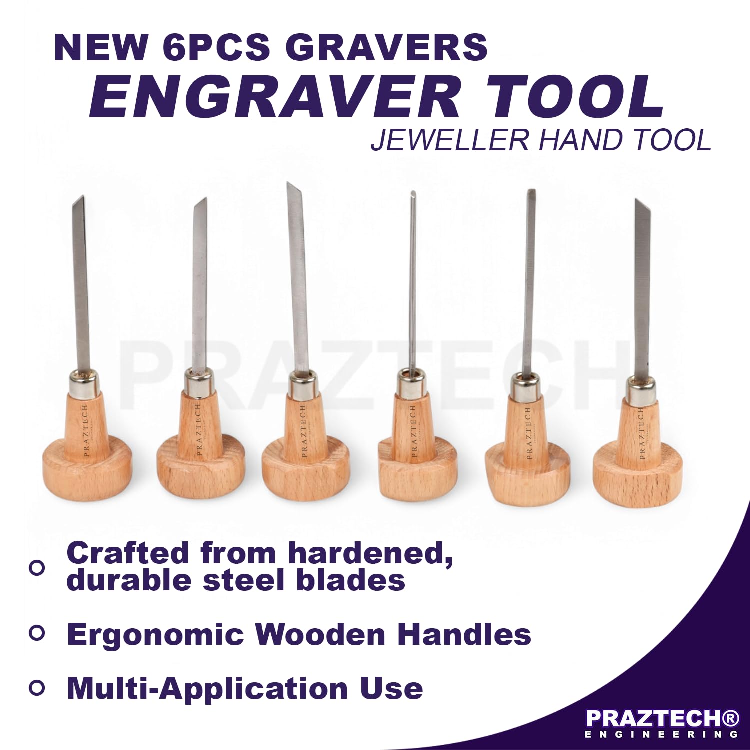 PRAZTECH® New 6pcs Gravers with Wooden Handles | Engraver Tool Clock Set | Jeweller Hand Tool Workshop | DIY