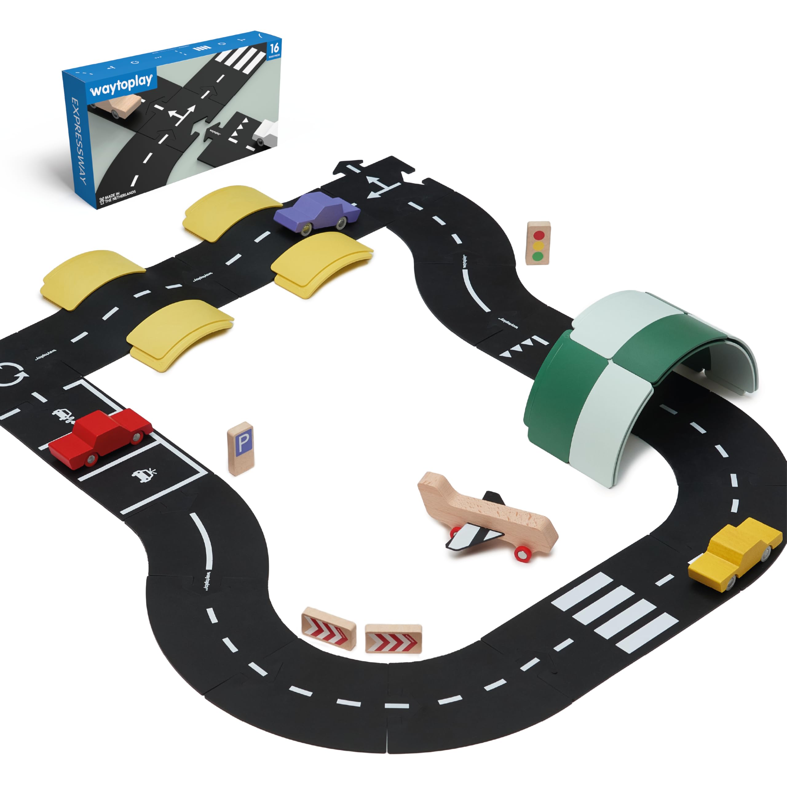 Waytoplay Expressway, 16 Piece Circuit for Toy Cars - Flexible, Indestructible, and Waterproof - Modular Car Tracks - Made in the Netherlands