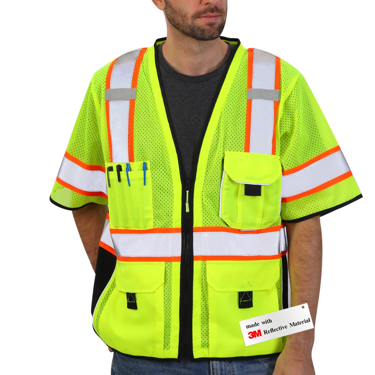 Photo 1 of Dib Safety Reflective Mesh Vest ANSI Class 3, High Visibility with Pockets and Zipper, Made with 3M Reflective Tape, Yellow L