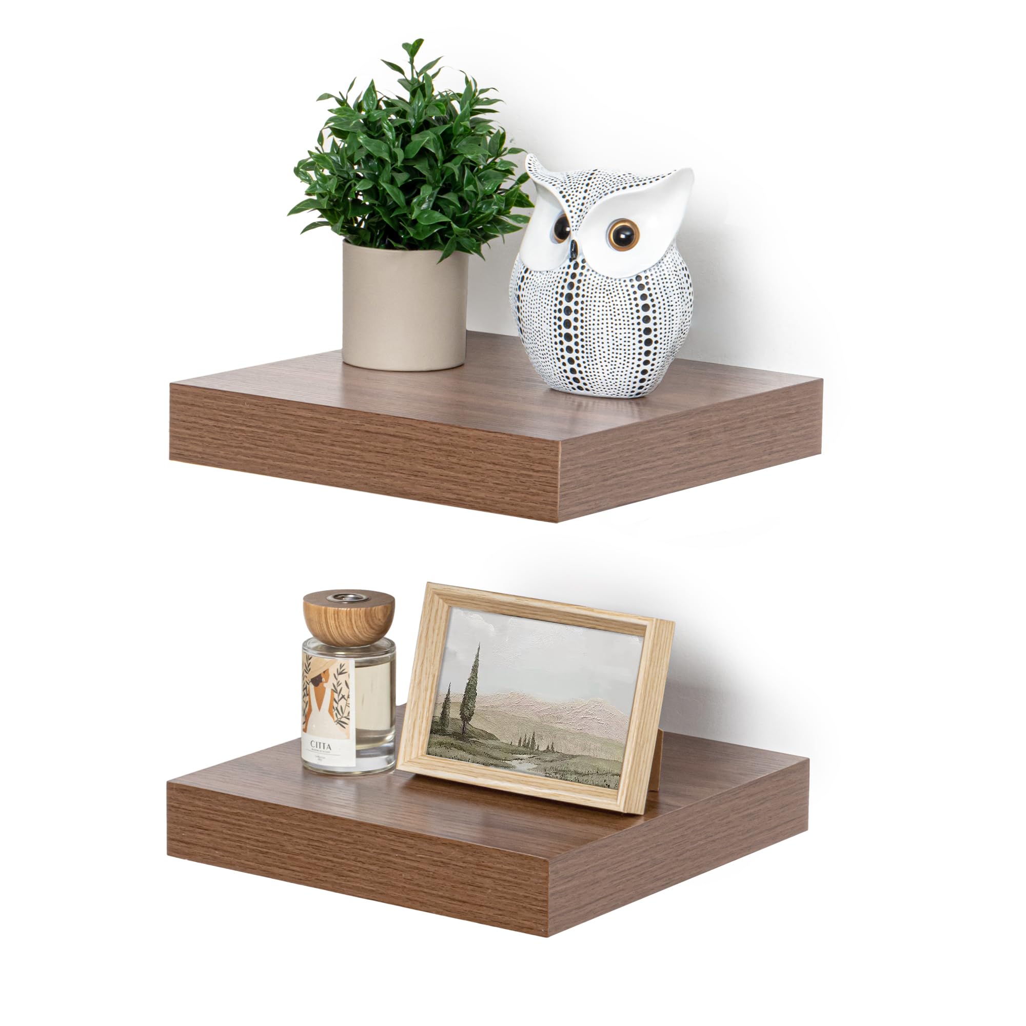 Photo 1 of Fun Memories 12 Inch Floating Shelf, Rustic Wood Wall Shelves for Wall Decor & Storage, 12 x 12 Floating Shelf for Living Room, Bathroom, Bedroom, Walnut, Set of 2