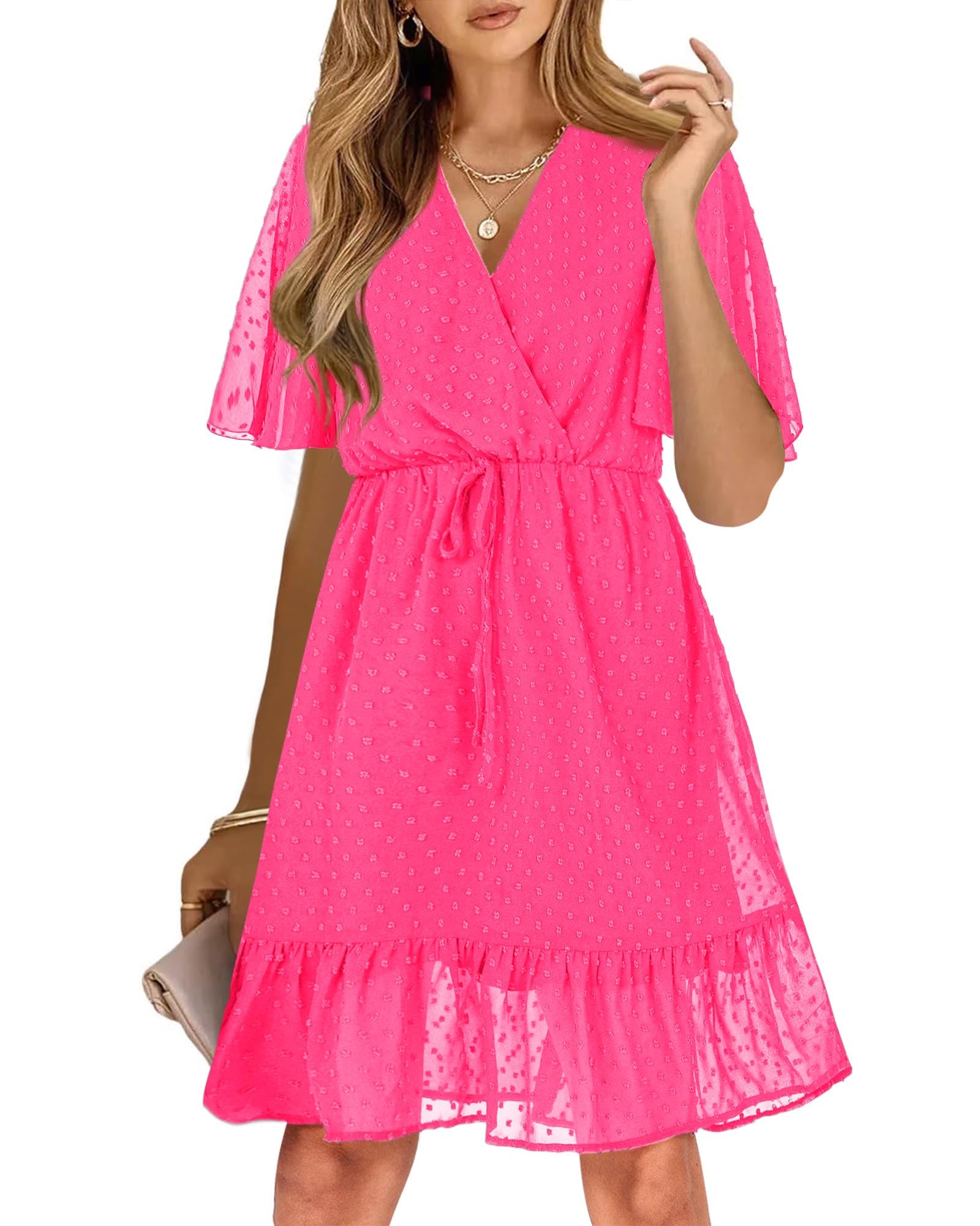 KIRUNDO Womens Summer Dresses 2026 Casual Spring Short Sleeve V Neck Ruffle Swiss Dot High Waist Belted Flowy Mini Dress(Style2-Rose Red, Medium)