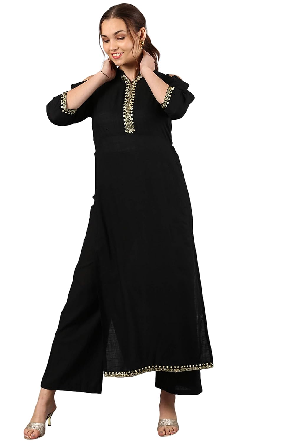 janasya women's rayon mirror work straight kurta with palazzo